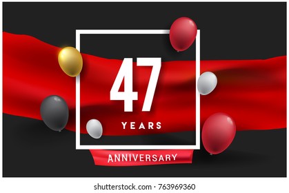 47th years Anniversary celebration logo, isolated on red ribbon and balloon, vector elements for banner, invitation card and birthday party.
