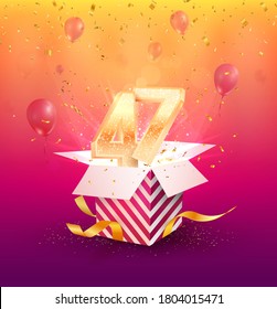 47th years anniversary vector design element. Isolated forty-seven years jubilee with gift box, balloons and confetti on a colorful background