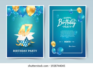 47th years birthday wedding vector invitation double card. Forty seven years anniversary celebration brochure. Template of invitational for print on blue background