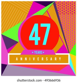 47th years greeting card anniversary with colorful number and frame. logo and icon with Memphis style cover and design template. Pop art style design poster and publication.