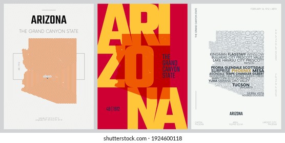 48 of 50 sets, US State Posters with name and Information in 3 Design Styles, Detailed vector art print Arizona map