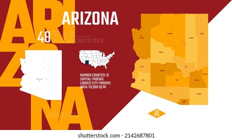 48 of 50 states of the United States, divided into counties with territory nicknames, Detailed vector Arizona Map with name and date admitted to the Union, travel poster and postcard