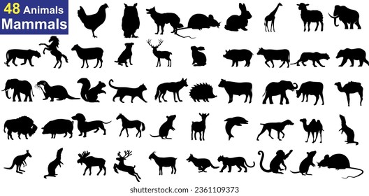 48 Animals Mammals , A collection of 48 black silhouettes of different mammals on a white background. Perfect for educational and creative projects