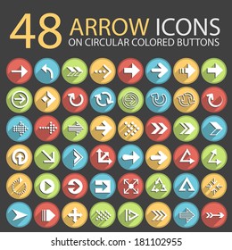 48 Arrow Icons on Circular Colored Buttons.