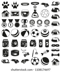 48 black and white pet shop silhouette elements. Domestic animals care vector illustration for icon, sticker, patch, label, badge, certificate or gift card decoration