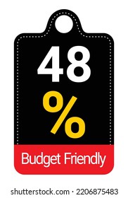 48% Budget Friendly sign tag, label vector art Black Background white and yellow lettering