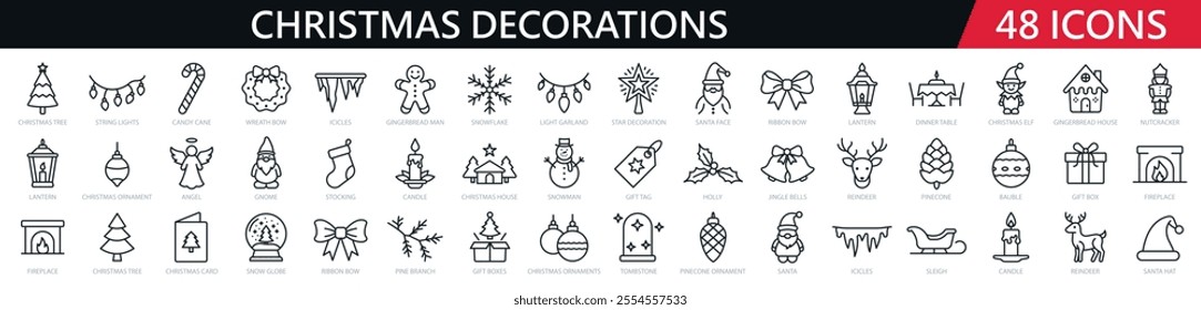 48 christmas decorations line icons set. Christmas tree, gingerbread man, snowflake, candle, Santa hat, gift box, reindeer, ornaments, and holiday symbols - stock vector.