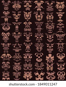 48 Mascarillas decoradas con motivos decorativos. Conjunto de diseño. Grabado a mano. Ilustración vectorial editable. Aislado sobre fondo negro. 8 EPS