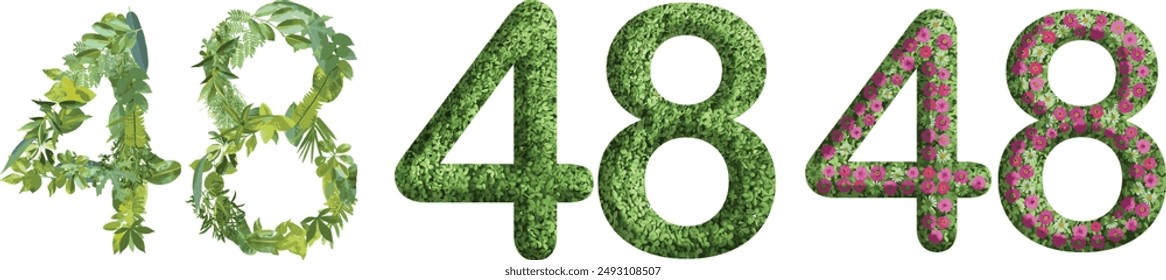 48, design made from green grass, leaves and flower, .suitable for birthday, anniversary and memorial day templates, go green concept	
