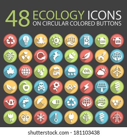 48 Ecology Icons on Circular Colored Buttons.