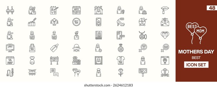 48 Editable Mother’s Day Icons: Line-Art Illustrations Featuring Moms, Gifts, Flowers, Hearts, Jewelry, Makeup, and Celebration Symbols for Creative and Promotional Projects