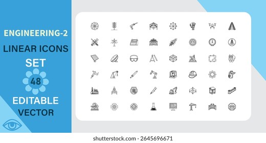 48 editable linear vector icons for engineering designs. Includes various tools, instruments, and symbols related to engineering.
