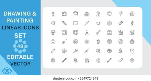 48 editable vector linear icons for drawing and painting. Includes various art supplies, tools, and creative elements. Perfect for design projects.