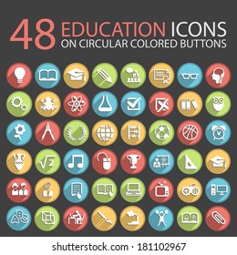 48 Education Icons on Circular Colored Buttons.