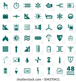 48 Electrical Safety Energy Saving and Automation Authentic Multipurpose Icons Set - Turquoise Symbols on White Natural Paper Effect Background - Infographic Pictogram Style