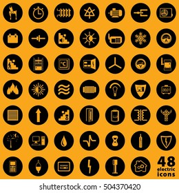 48 Electrical Safety Energy Saving and Automation Authentic Multipurpose Icons Set - Black Round Shaped Symbols on Orange Background - Infographic Pictogram Style