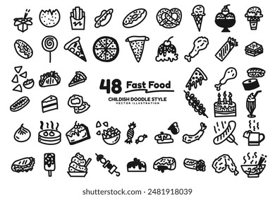 48 Fast Food Doodle Icons isolated on white background. Childish hand drawn food pictograms. Cake, pizza, chicken, sushi, pastry, ice cream, donut, hotdog, sausage, etc. Ballpoint pen drawing. Vector.