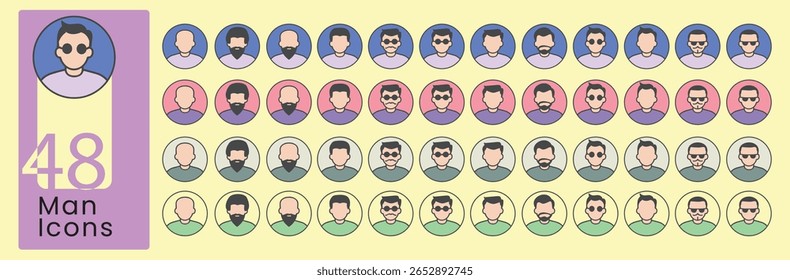 48 ícones de homem de design plano em cores pastel. Penteados diversos, alguns com óculos, sem rostos. Perfeito para UI UX, marketing, web e apresentações. Vetores escalonáveis e editáveis para um design moderno e inclusivo