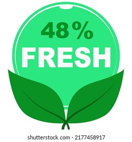 48% de frutos frescos símbolo de señalización de ilustraciones de arte vectorial en forma redondeada verde con hojas sello de negocios aislado en fondo blanco