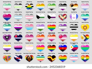 48 herzförmige Vektorbilder verschiedener Pride Flags, können als Aufkleber verwendet werden