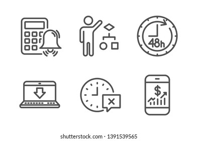 48 hours, Algorithm and Time icons simple set. Calculator alarm, Internet downloading and Mobile finance signs. Delivery service, Developers job. Technology set. Line 48 hours icon. Editable stroke