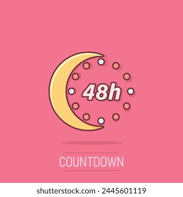 48 hours clock icon in comic style. Timer countdown cartoon vector illustration on isolated background. Time measure splash effect sign business concept.
