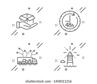 48 hours, Hold box and Truck delivery line icons set. Lighthouse sign. Delivery service, Logistics, Navigation beacon. Transportation set. Line 48 hours outline icon. Vector