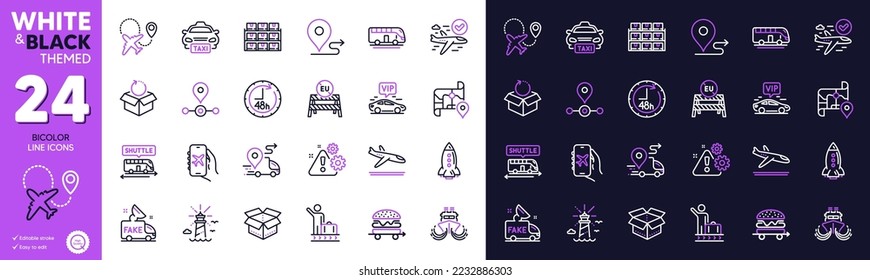 48 hours, Luggage belt and Lighthouse line icons for website, printing. Collection of Eu close borders, Open box, Fake news icons. Shuttle bus, Bus tour, Return package web elements. Vector