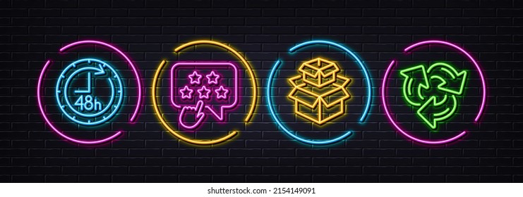 48 hours, Ranking star and Packing boxes minimal line icons. Neon laser 3d lights. Recycle icons. For web, application, printing. Delivery service, Click rank, Delivery box. Recycling waste. Vector