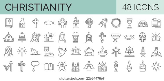 48 line icons realted to christianity, christ, church, religion, god. Outline icon collection. Vector illustration. Editable stroke