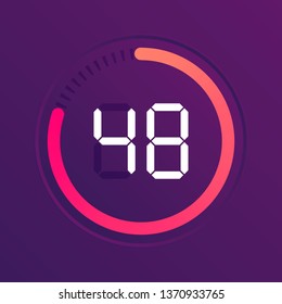 The 48 minutes, stopwatch vector icon, digital timer. Vector digital count down circle board with circle time pie diagram. Watch outline style design, designed for web and app.