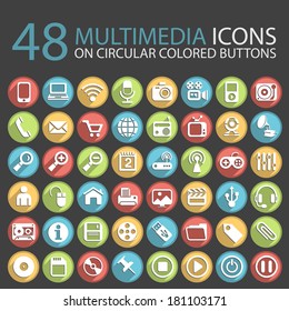 48 Multimedia Icons on Circular Colored Buttons.