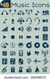 48 Music Icons Vector Set - Music themed icons for music players, apps etc. File type: vector EPS AI8 compatible. No transparencies and no gradient fills.  