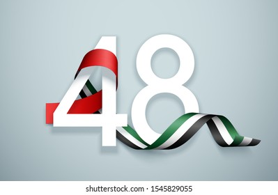 48 National day banner with realistic UAE ribbon flag. holiday illustration card 48 UAE National day Spirit of the union United Arab Emirates, Flat design Logo Anniversary Celebration Abu Dhabi Card