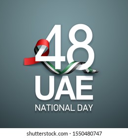 48 National day banner with realistic UAE ribbon flag. holiday illustration card 48 UAE National day Spirit of the union United Arab Emirates, Flat design Logo Anniversary Celebration Abu Dhabi Card