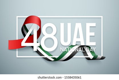 48 National day banner with realistic UAE ribbon flag. holiday illustration card 48 UAE National day Spirit of the union United Arab Emirates, Flat design Logo Anniversary Celebration Abu Dhabi Card