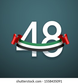 48 National day banner with realistic UAE ribbon flag. holiday illustration card 48 UAE National day Spirit of the union United Arab Emirates, Flat design Logo Anniversary Celebration Abu Dhabi Card