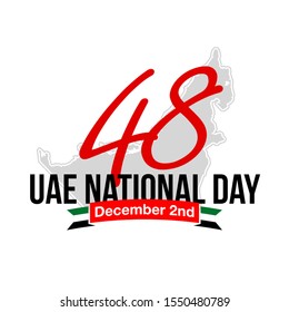 48 National day banner with UAE flag isolated on white. 48 UAE National day Spirit of the union United Arab Emirates, Flat design Logo Anniversary Celebration Abu Dhabi Card with country contour map