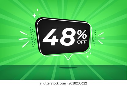 48% off. Green banner with forty-eight percent discount on a black balloon for mega big sales.