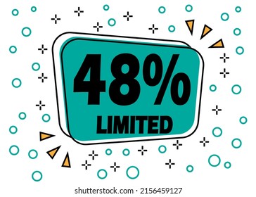 48% de descuento, oferta limitada. Cartel de burbuja para la reducción de precios en productos y tiendas.