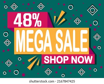 48% off mega sale. Banner with 48% off icon. Shop now for online sales.