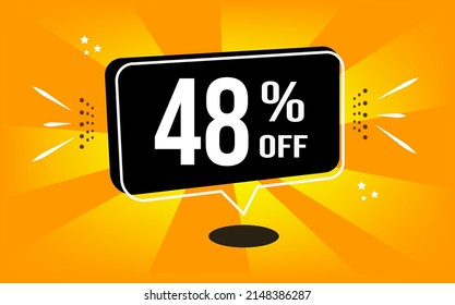 48% off. Orange banner with black balloon and special buy and sell offer