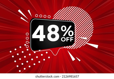 48% off. Red banner with 48 percent discount on a black balloon for mega big sales. 48% sale