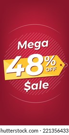 48% off. Red discount banner with forty-eight percent. Advertising for Mega Sale promotion. Stories format