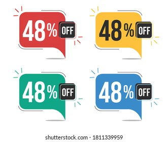 48% off. Red, yellow, green and blue tags with forty-eight percent discount. Banner with four colorful balloons with special offers vector.