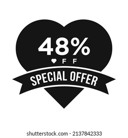 48% OFF Sale Discount Promotion Banner. Special Offer, Event, Valentine Day Sale, Holiday Discount Tag Vector Template