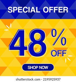 48% percent discoint special offer tag oranje and blue background shop now