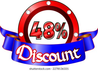 48 percent off, red disk and blue ribbon, vector illustration for wholesale and retail, illustrative art, beautiful percentage % illustration, vector banner. God is good!