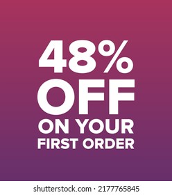 48% percentage off on your first order vector art illustration with fantastic font and purple background color