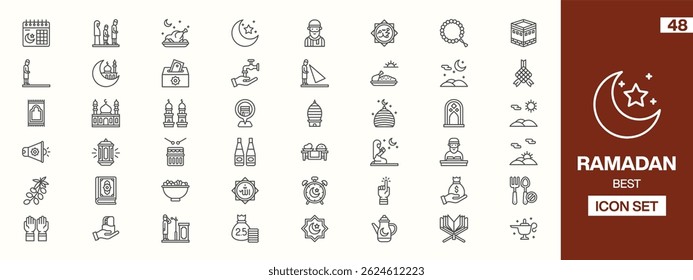 48 Ramadan Icon Set: Minimalist Line-Art Illustrations Featuring Mosques, Crescent Moons, Lanterns, Praying Hands, Food, Quran, and Islamic Cultural Symbols for Festive Design Projects